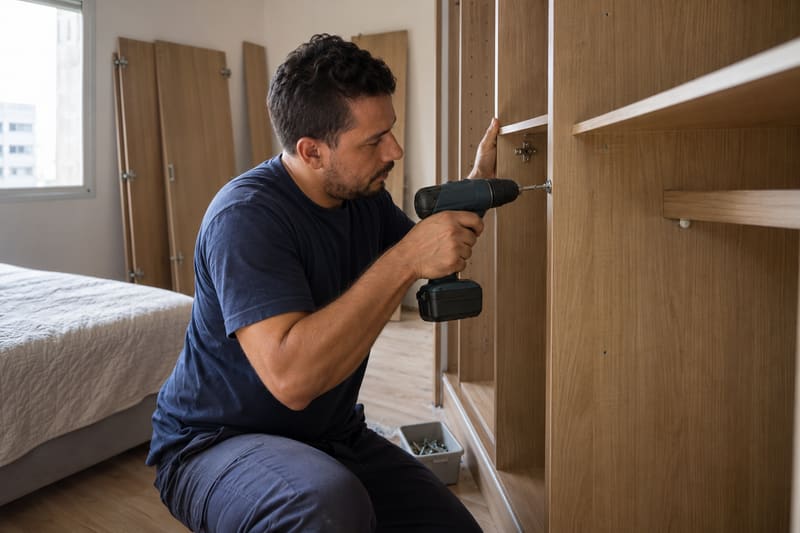 Montador desmontando um guarda-roupa com parafusadeira